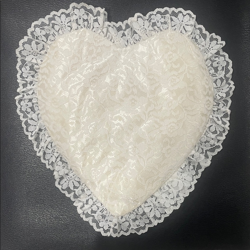 White Lace Heart Pillow Satin Back Ribbon Ring Bearer Wedding Decor Like New